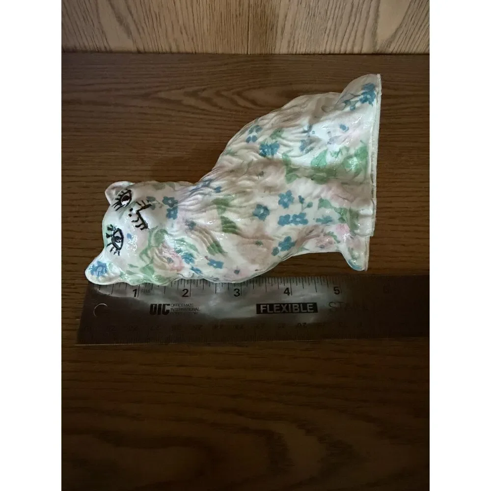 Vintage Floral Chintz Ceramic Cat Figurine Retro Kitsch Calico Kitty